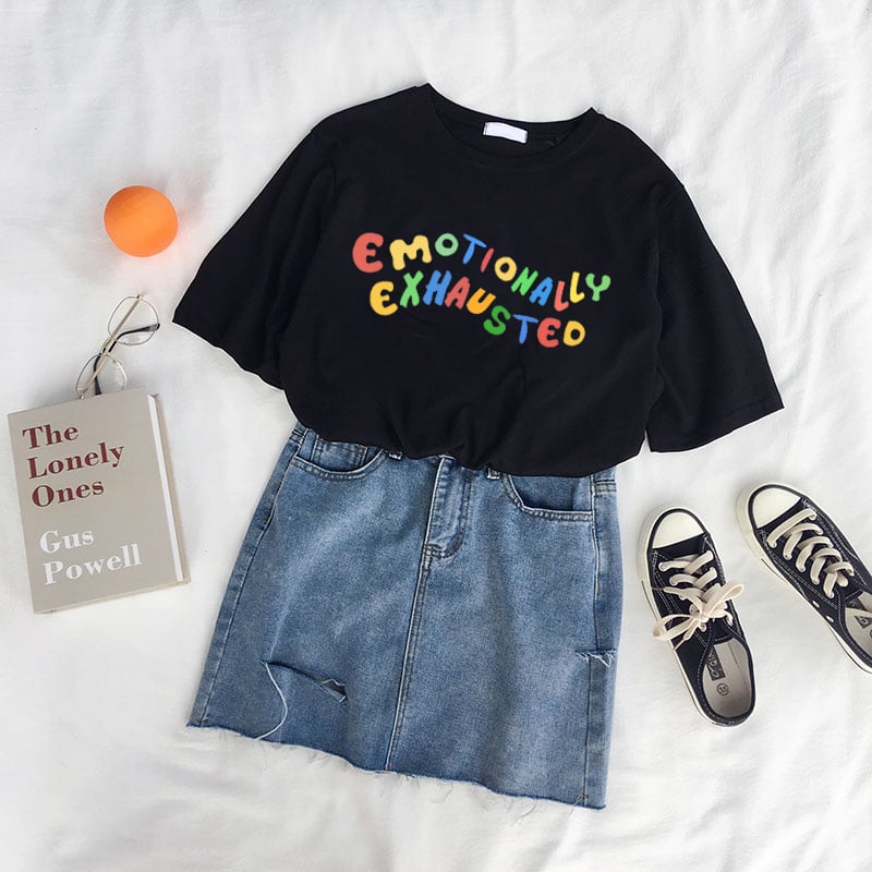 Cute Emotionally Exhausted Rainbow Colorful Short Sleeve Shirt Tee T-shirt E-Girl Kawaii Korean Japanese Harajuku Chinese Retro Streetwear Aesthetic