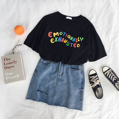 Cute Emotionally Exhausted Rainbow Colorful Short Sleeve Shirt Tee T-shirt E-Girl Kawaii Korean Japanese Harajuku Chinese Retro Streetwear Aesthetic