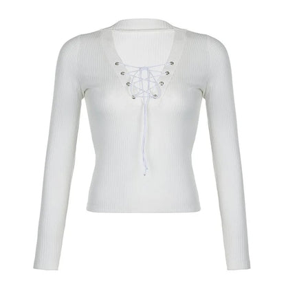 White Knit V Neck Long Sleeve Shirt