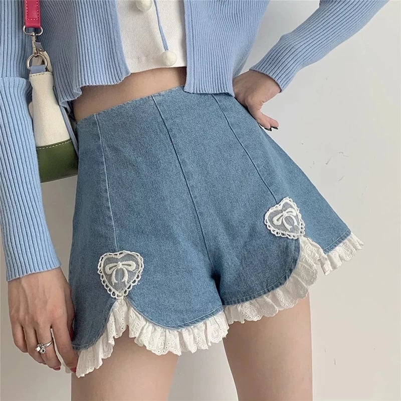 Cute Sweet Heart Lace Cut Out Denim Blue Shorts High Waist Bottoms Vintage Aesthetic Casual Summer E-Girl Kawaii Korean Japanese Harajuku