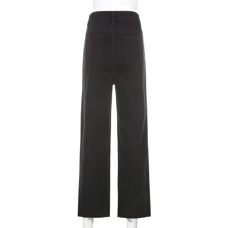 Cute Vintage Pink Heart Print Black Denim Jeans Straight High Waist Long Trouser Pants Autumn Casual E-Girl Kawaii Korean Japanese Harajuku Streetwear