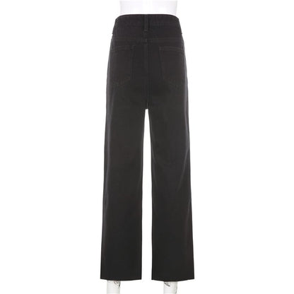 Cute Vintage Pink Heart Print Black Denim Jeans Straight High Waist Long Trouser Pants Autumn Casual E-Girl Kawaii Korean Japanese Harajuku Streetwear