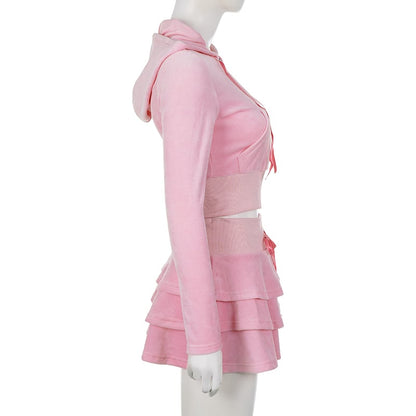 2PCS Pink Zipper Hoodie + Tiered Mini Skirt Set