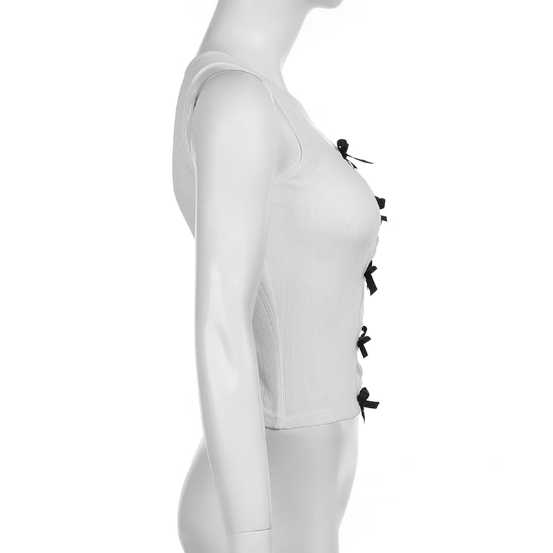 White Ribbed Tank Top with Black Bows