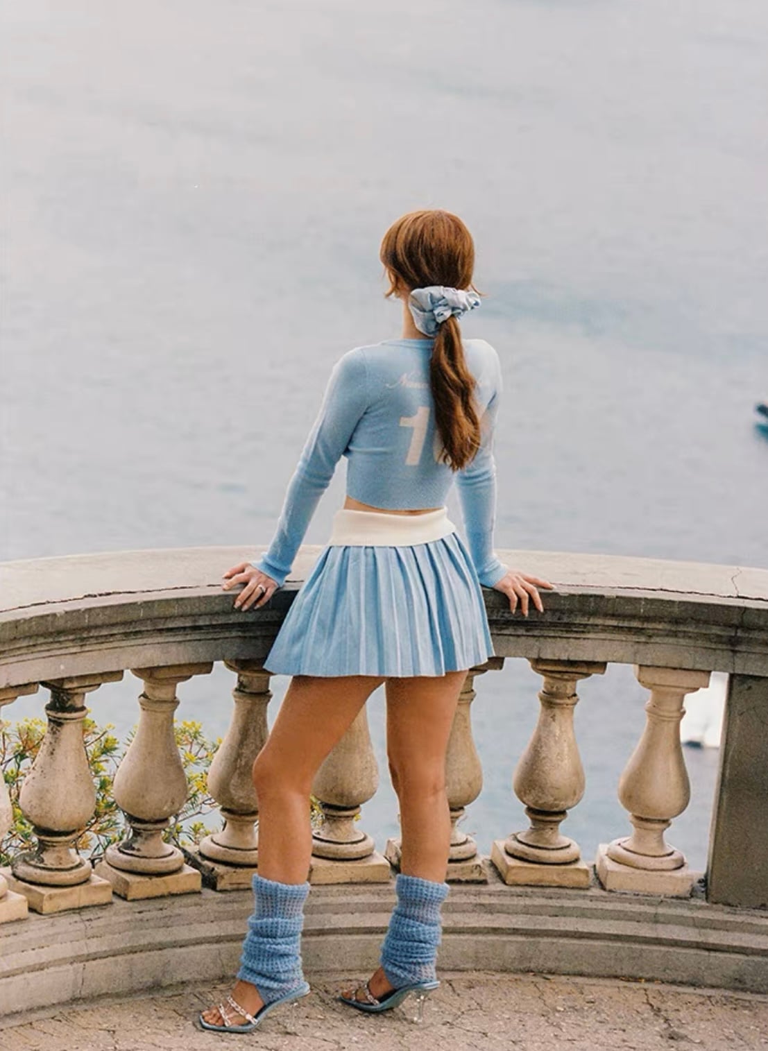 2PCS Blue Knit Long Sleeve Top + High Waist Pleated Mini Skirt