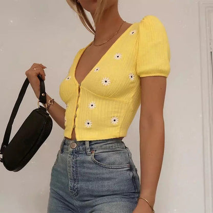 Cute Yellow Flower Embroidery Button V Neck Short Sleeve Shirt Crop Top Cardigan Summer Aesthetic E-Girl Kawaii Korean Japanese Harajuku Streetwear