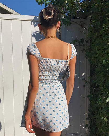 Blue Floral Puff Sleeve Mini Dress