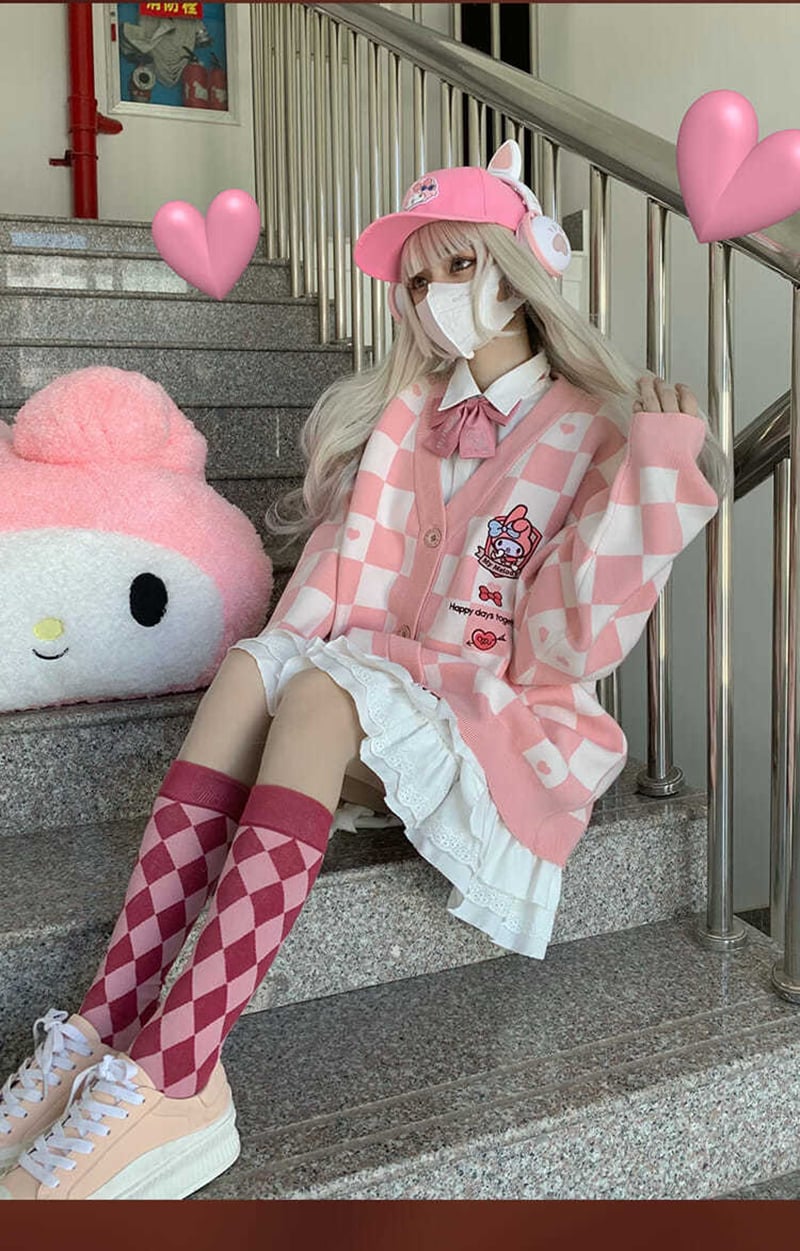 Japanese Anime Embroidery Checkboard Sweater