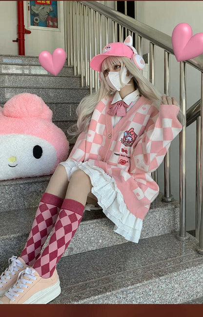 Japanese Anime Embroidery Checkboard Sweater