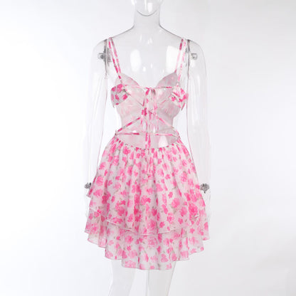 Pink Floral V Neck Mini Dress