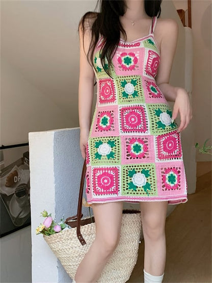 Pink Crochet Square Mini Dress