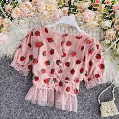 Cute Sexy Pink Strawberry Glitter Sparkle Mesh V Neck Blouse Puff Short Sleeve Shirt Summer Casual E-Girl Kawaii Korean Japanese Harajuku Streetwear
