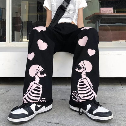 Black Skeleton Print Loose Waist Wide Leg Pants