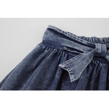 Denim Bow Ruffle Low Waist Skirt