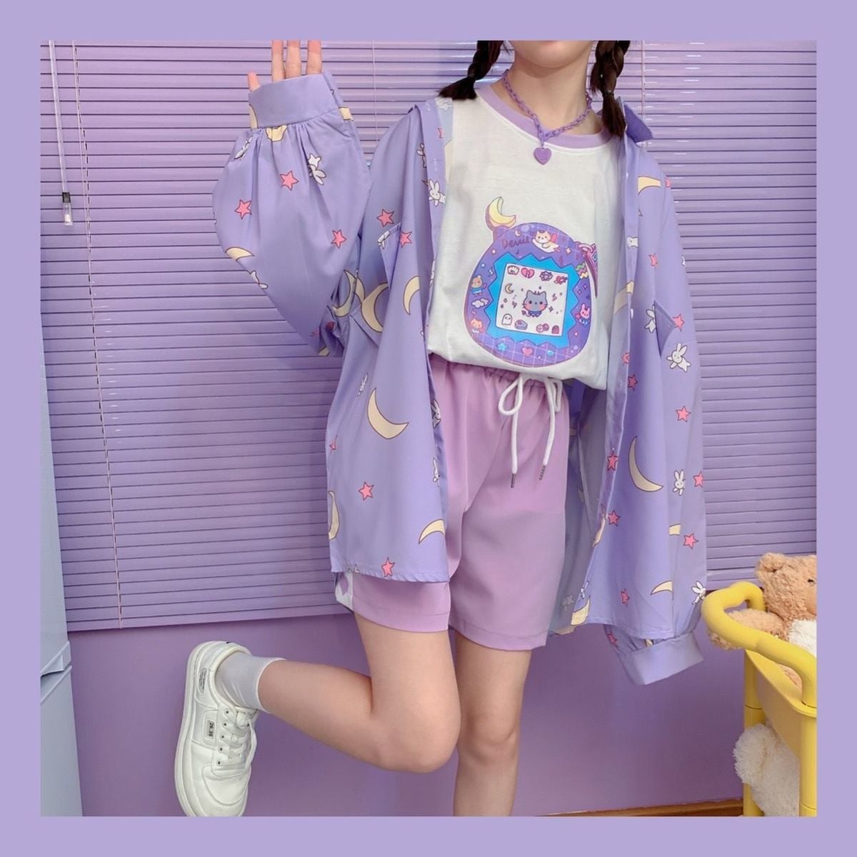 Pastel Purple Anime Star Moon Cartoon Blouse Oversized Long Sleeve Shirt Loose Button Autumn Winter E-Girl Kawaii Korean Japanese Harajuku Streetwear