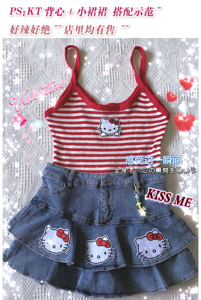 Cat Print Double A-Line Mini Skirt