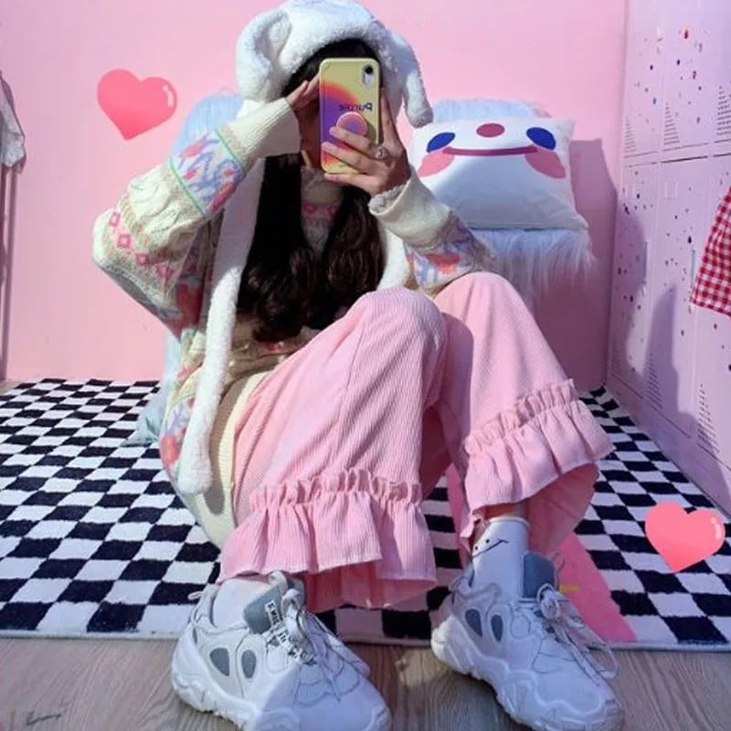 Sweet Pink Ruffle Corduroy High Waisted Wide Leg Trousers