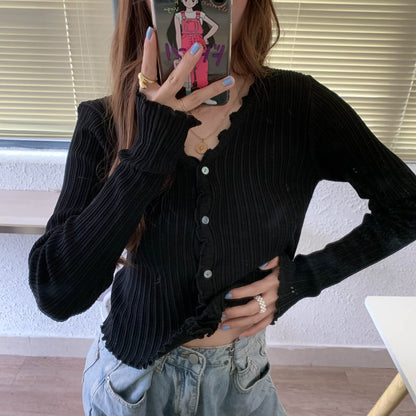 Cute V Neck Knit Casual Thin Sweater Cardigan Shirt Tee T-shirt E-Girl Kawaii Korean Japanese Harajuku Chinese Retro Streetwear