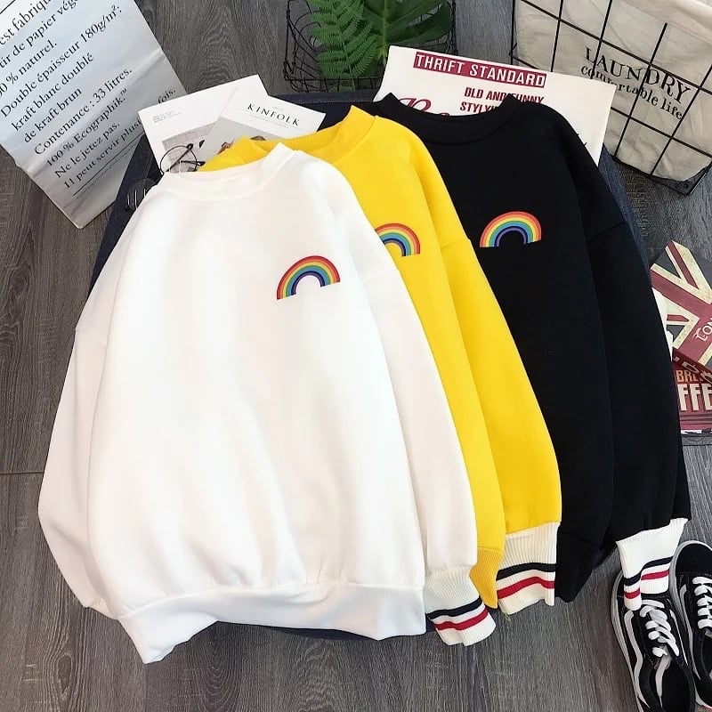 Cute Rainbow Embroidery Fleece Hoodie Sweater Sweatshirt Pullover 90s Oversized Long Sleeve E-Girl Kawaii Korean Japanese Harajuku Retro Streetwear