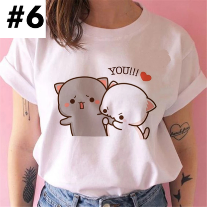 Cute White Cat Kitten Cartoon Print Loose Short Sleeve Shirt Aesthetic Casual E-Girl Kawaii Korean Japanese Harajuku