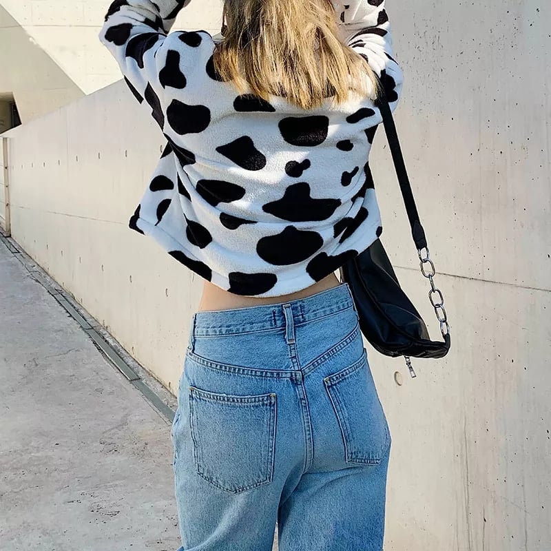 Cute Cow Animal Print Faux Fur Coat Jacket Zipper Sweater Jumper Casual E-Girl Kawaii Korean Japanese Harajuku Chinese Retro Streetwear Aesthetic