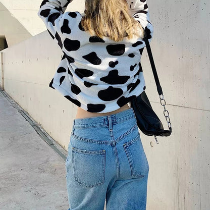 Cute Cow Animal Print Faux Fur Coat Jacket Zipper Sweater Jumper Casual E-Girl Kawaii Korean Japanese Harajuku Chinese Retro Streetwear Aesthetic