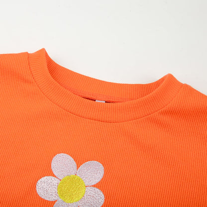 Cute Orange Flower Embroidery Sexy Crop Top Long Sleeve Shirt Tee T-shirt Autumn Casual E-Girl Kawaii Korean Japanese Harajuku Streetwear