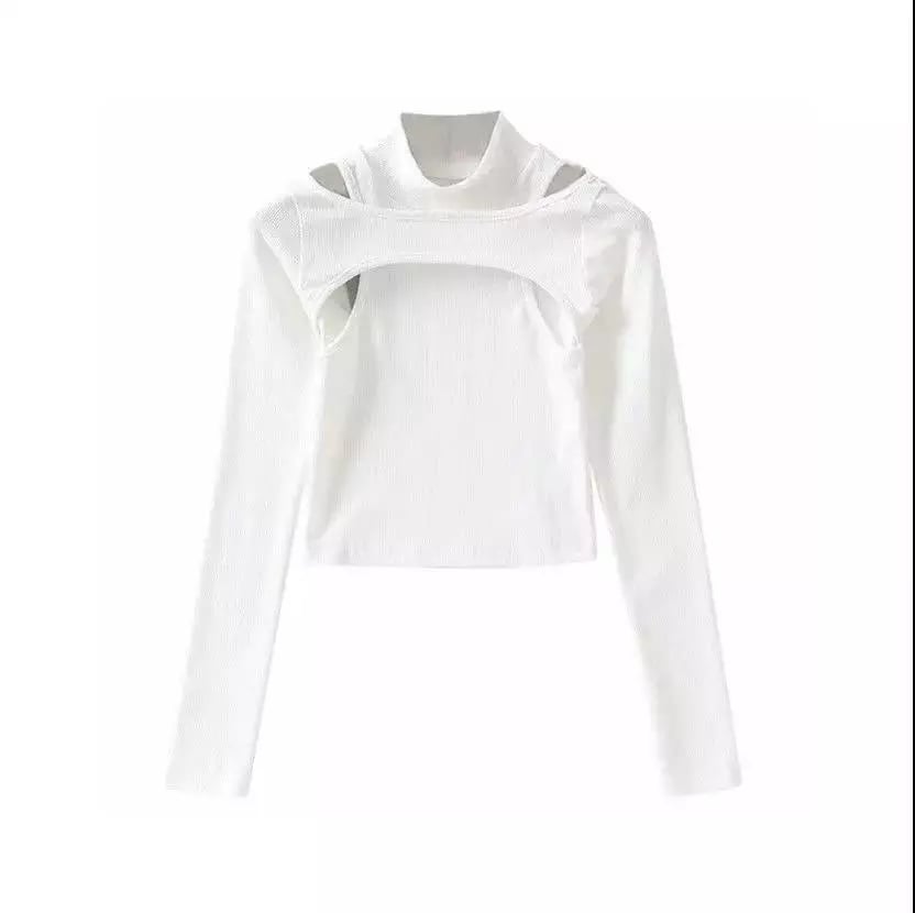 Cute 2pcs K-pop Black White Hollow Knit Long Sleeve Shirt Crop Top Fitness Streetwear Summer Aesthetic Casual E-Girl Kawaii Korean Japanese Harajuku