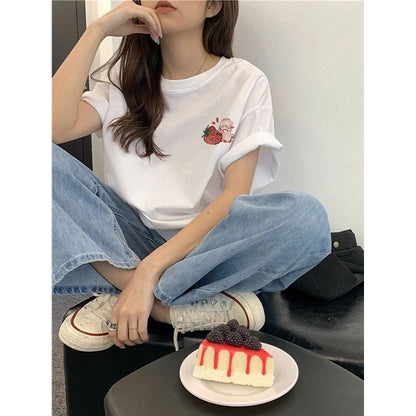 Oversized Strawberry Print Short Sleeve T-shirt