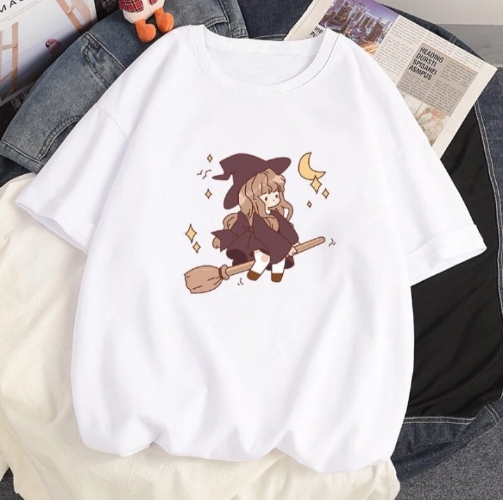 Cute Witch Anime Girl Cresent Moon Print Oversized Short Sleeve Shirt Summer Aesthetic Casual E-Girl Kawaii Korean Japanese Harajuku