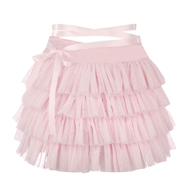 Sweet Bow Ruffle Layer Bandage A-Line Skirt