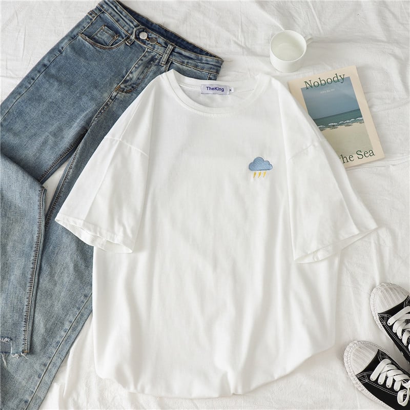 Cute Casual Cartoon Moon Sun Star Cloud Embroidery Loose T-shirt Short Sleeve Tee Shirt Top E-Girl Kawaii Korean Japanese Harajuku Retro Streetwear