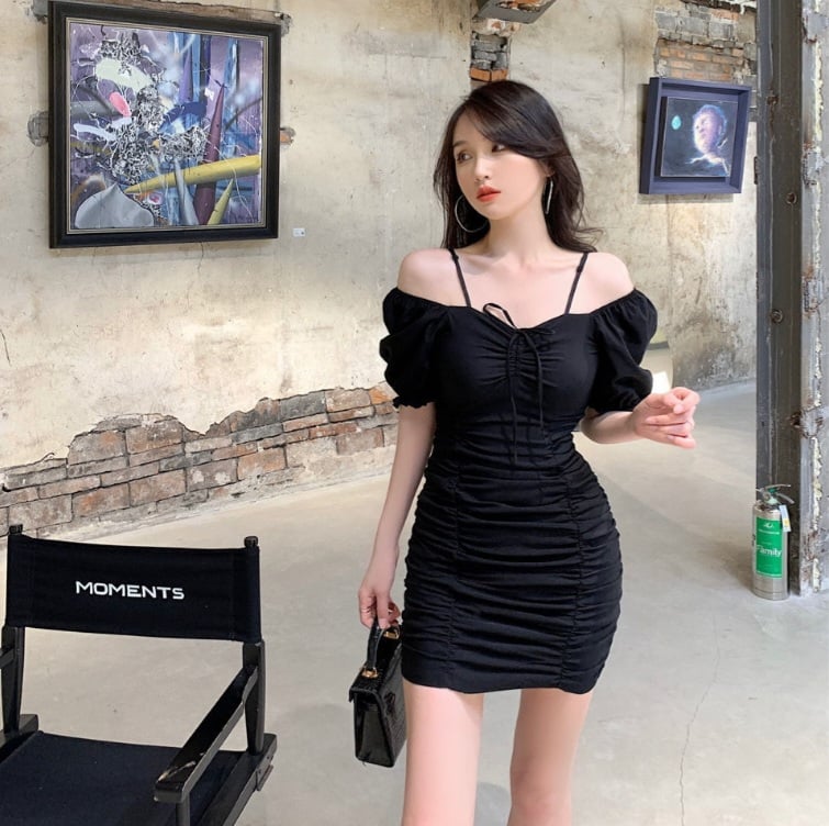 White Puff Sleeve Drawstring Ruched Mini Dress