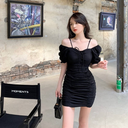 White Puff Sleeve Drawstring Ruched Mini Dress