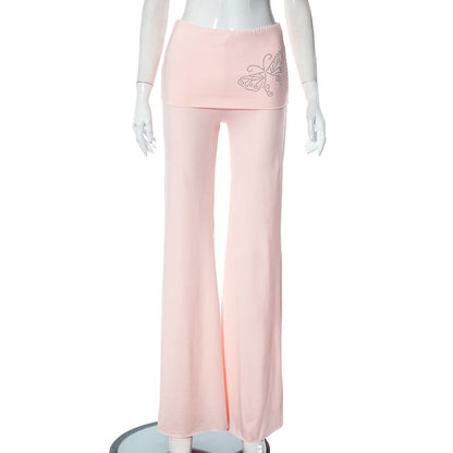 Pink Butterfly Rhinestone Fold Low Rise Flare Pants
