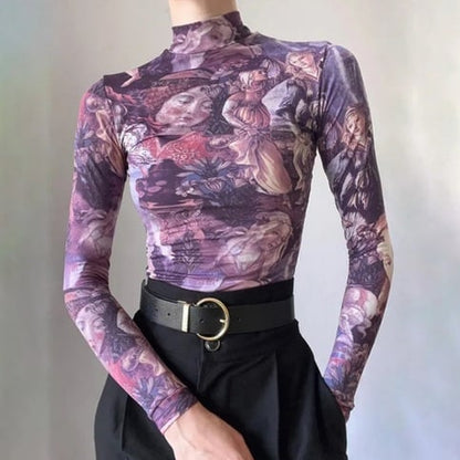 Purple Victorian Print Mesh Long Sleeve Shirt