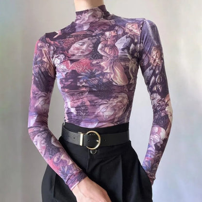 Purple Victorian Print Mesh Long Sleeve Shirt