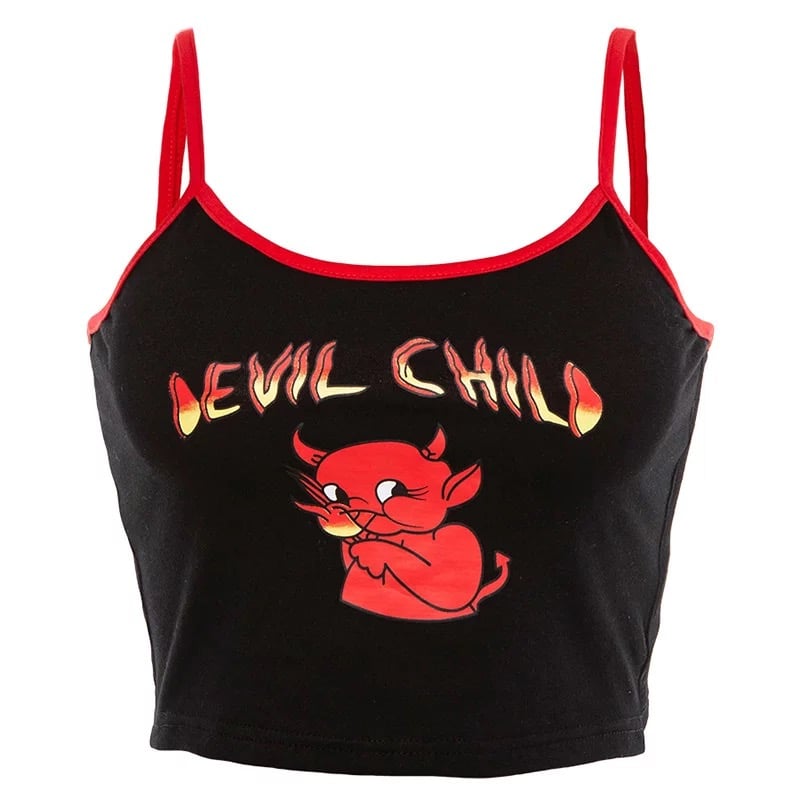 Sexy Devil Cartoon Print Graphic Summer Tank Camisole Spaghetti Strap Patchwork Crop Top E-Girl Kawaii Korean Japanese Harajuku Retro Streetwear