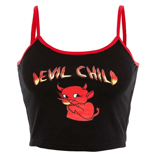 Sexy Devil Cartoon Print Graphic Summer Tank Camisole Spaghetti Strap Patchwork Crop Top E-Girl Kawaii Korean Japanese Harajuku Retro Streetwear