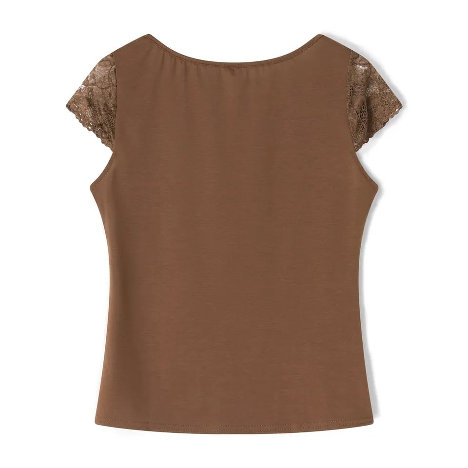 Brown Lace Trim Short Sleeve Shirt