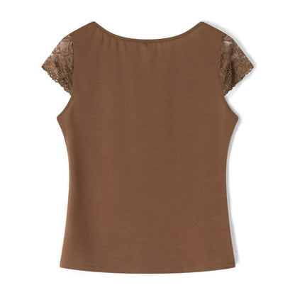 Brown Lace Trim Short Sleeve Shirt