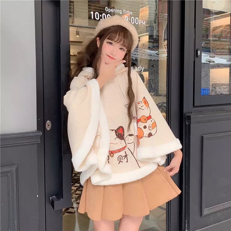Cute Lucky Cat Ears Cloak Hoodie Pullover Sweatshirt Autumn Winter Aesthetic Casual E-Girl Kawaii Korean Japanese Harajuku