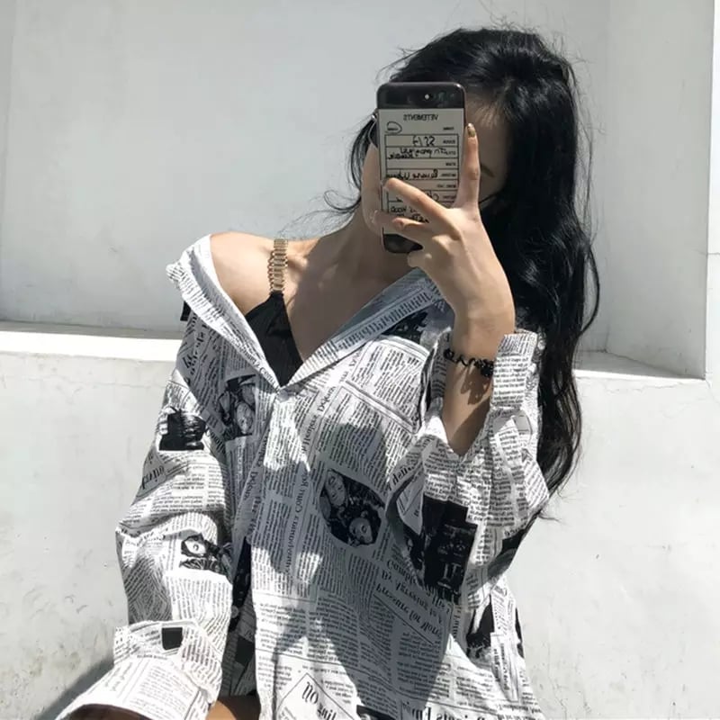 Cute Vintage Newspaper Letter Print Button Up Long Sleeve Shirt Blouse Top Aesthetic Casual E-Girl Kawaii Korean Japanese Harajuku