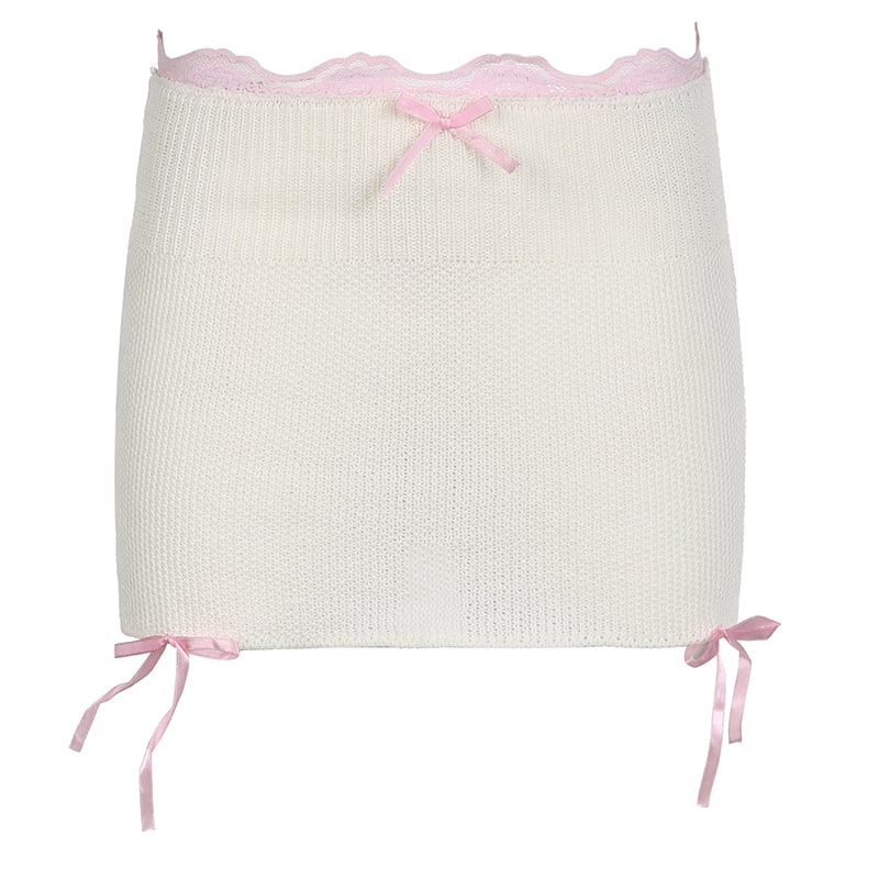 White Knit Bow Ribbed Trim Low Waist Mini Skirt