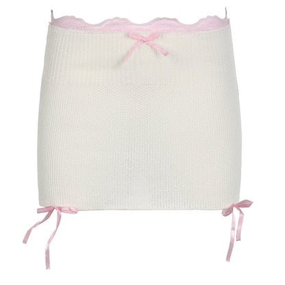 White Knit Bow Ribbed Trim Low Waist Mini Skirt