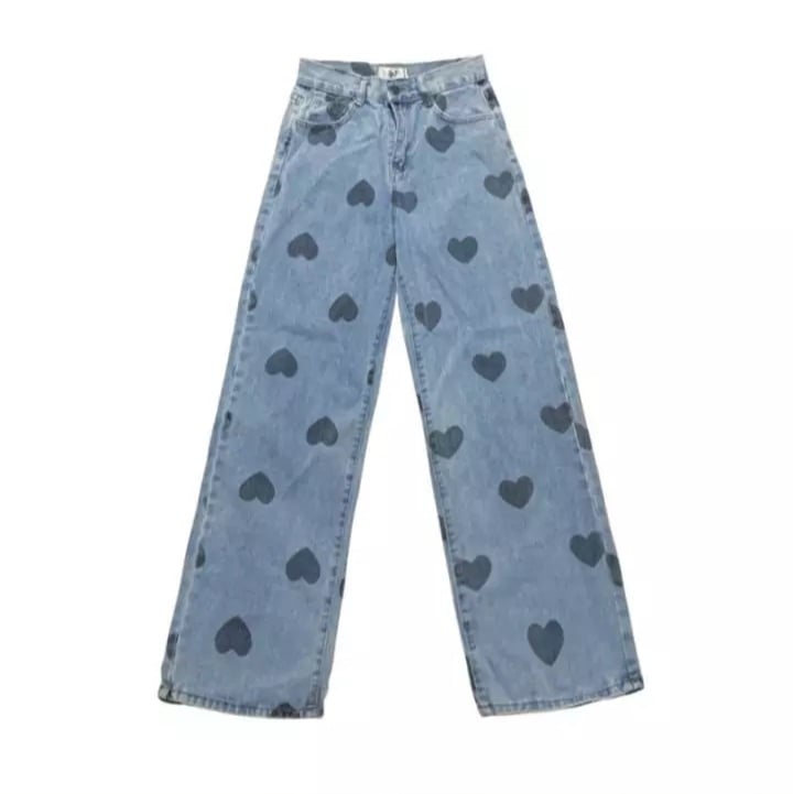 Cute Heart Denim Blue Loose High Waisted Straight Leg Flare Jeans Pants Aesthetic Casual Summer E-Girl Kawaii Korean Japanese Harajuku