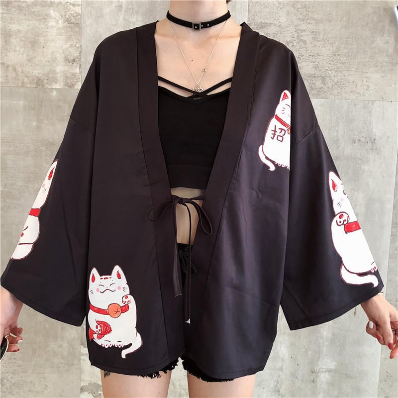 Pink Cat Blouse Kimono Cardigan Cartoon Print Loose Blouse Long Sleeve Shirt T-shirt Top E-Girl Kawaii Korean Japanese Harajuku Streetwear