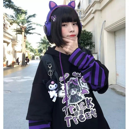 Anime Girl Cartoon Casual Stripe Loose Oversized Hoodie Sweater Sweatshirt Long Sleeve Pullover E-Girl Kawaii Korean Japanese Harajuku Streetwear