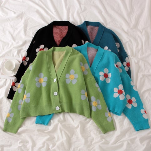 Cute Flower Preppy V Neck Loose Flower Knit Cardigan Sweater Korean Japanese Harajuku Chinese Streetwear Fashion