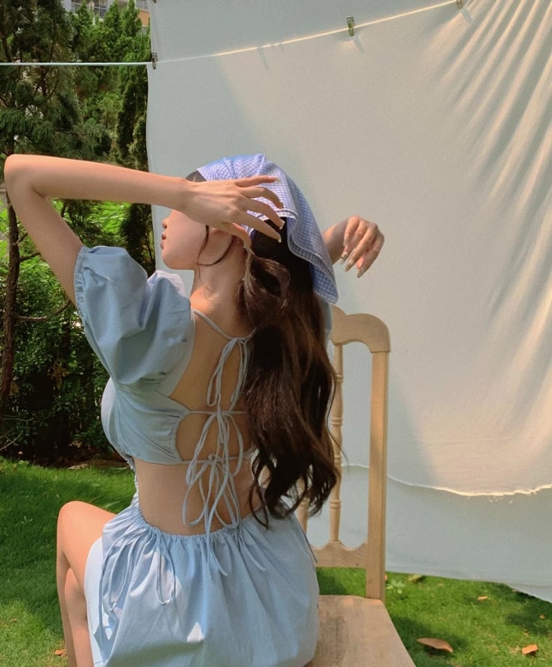 Cute Blue French Square Neck Puff Sleeve Backless Bandage Mini Dress Summer Aesthetic Casual E-Girl Kawaii Korean Japanese Harajuku